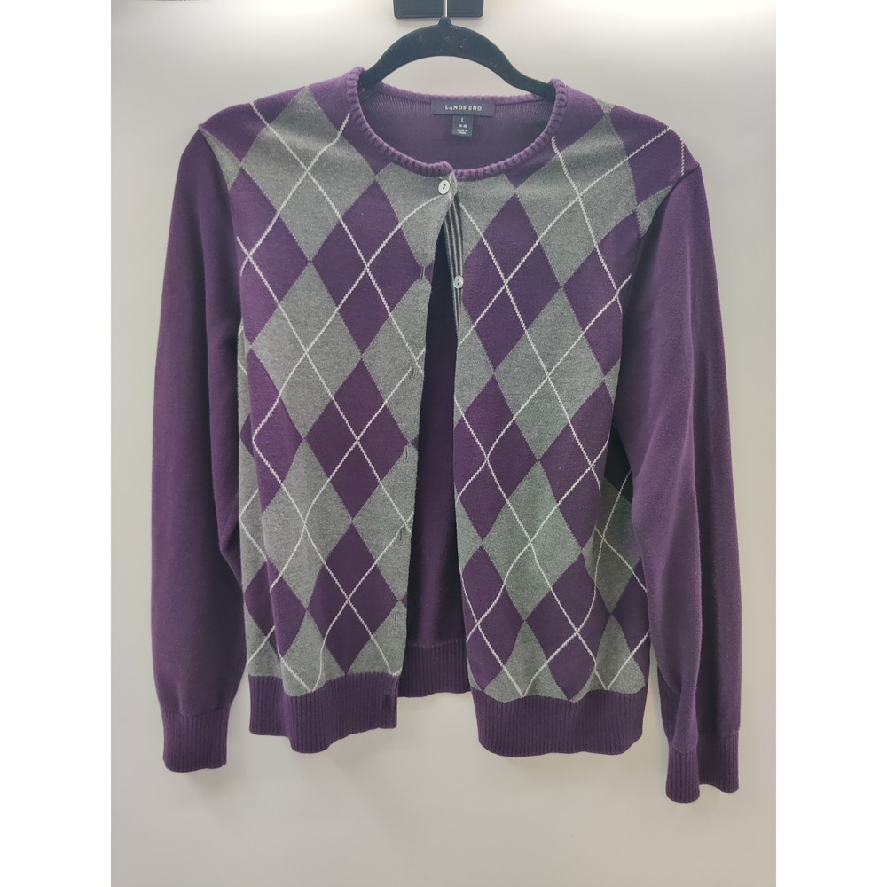 Lands End Womens Large Purple Argyle Supima Cotton Button Front Cardigan Sweater